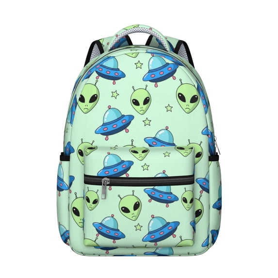 Alien UFO Pale Green Pattern Backpack for School, Cute School Bag with Adjustable Shoulder Straps and Padded Back, 15.3"x11"x7.1"