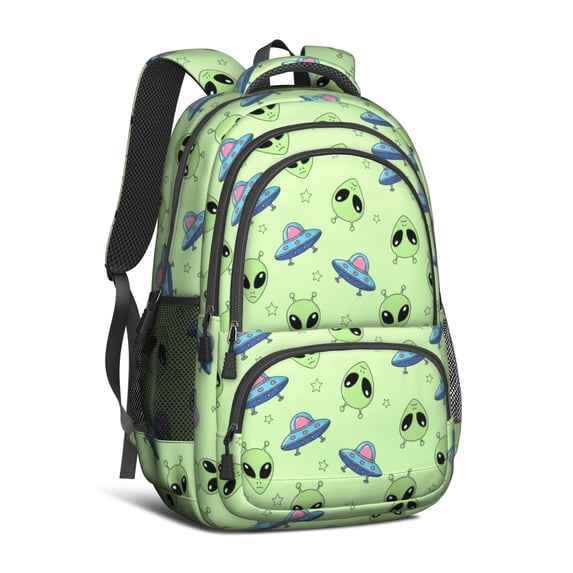 Alien UFO Pale Green Pattern Cute School Backpack Bag with Padded Back and Adjustable Shoulder Straps 16.9 X 12.6 X 5.9 Inches