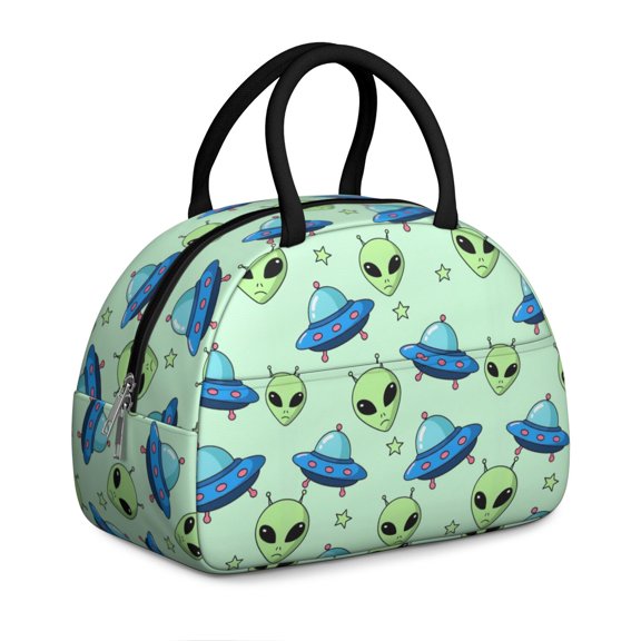 Alien UFO Pale Green Pattern Insulated Lunch Bag,Leakproof Large Capacity Lunch Box for Work,Picnic or Travel,11.4 X 6.7 X 8.3 Inches