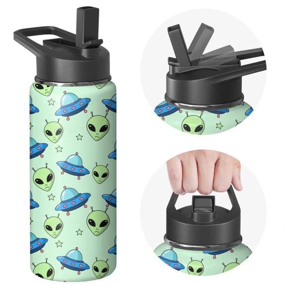 Alien UFO Pale Green Pattern Insulated Water Bottle with Straw, Vacuum Insulated Stainless Steel Drink Container Built-in Carry Handle Gifts Ideas for Teens Adults Office Workers Teachers