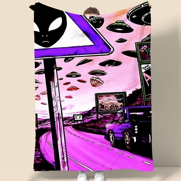Alien UFO Tapestry 70.07 x 90.55 inches Sci-Fi Wall Hanging for Bedroom, Dorm, Gaming Room with Pink Sky and Flying Saucers Design