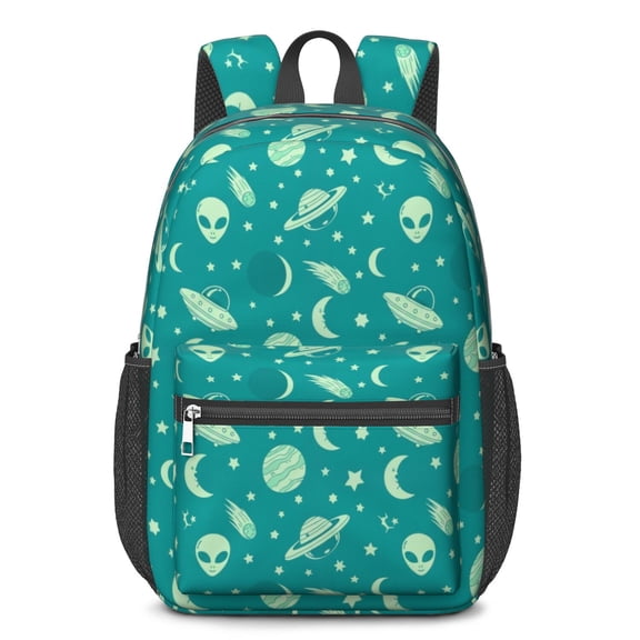 Alien UFO Teal Pattern 17" School Backpacks for Teens,Waterproof Oxford Fabric,S-Shape Padded Straps for School,Travel,Hiking,Camping