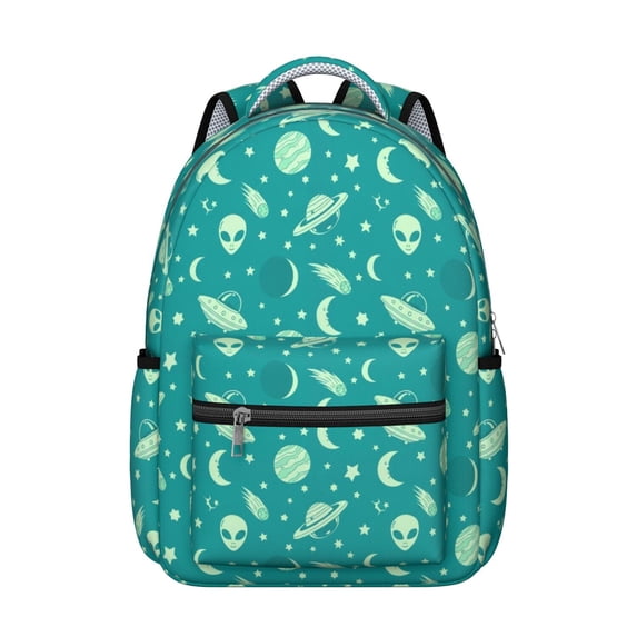 Alien UFO Teal Pattern Backpack for School, Cute School Bag with Adjustable Shoulder Straps and Padded Back, 15.3"x11"x7.1"