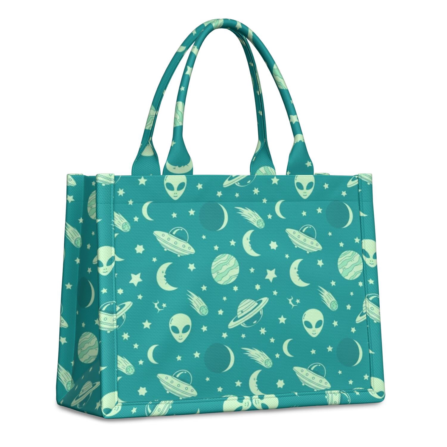 Alien UFO Teal Pattern Tote Bag, Travel Tote Purse with Interior ...