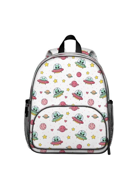 Alien UFO White Pattern Backpack for School, Cute School Bag with Adjustable Shoulder Straps and Padded Back, 13.8"x11.4"x6"