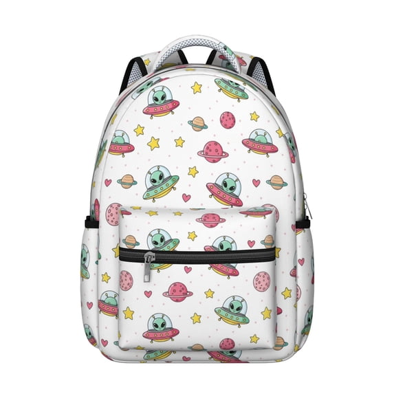 Alien UFO White Pattern Backpack for School, Cute School Bag with Adjustable Shoulder Straps and Padded Back, 15.3"x11"x7.1"