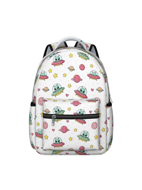Alien UFO White Pattern Backpack for School, Cute School Bag with Adjustable Shoulder Straps and Padded Back, 15.3"x11"x7.1"