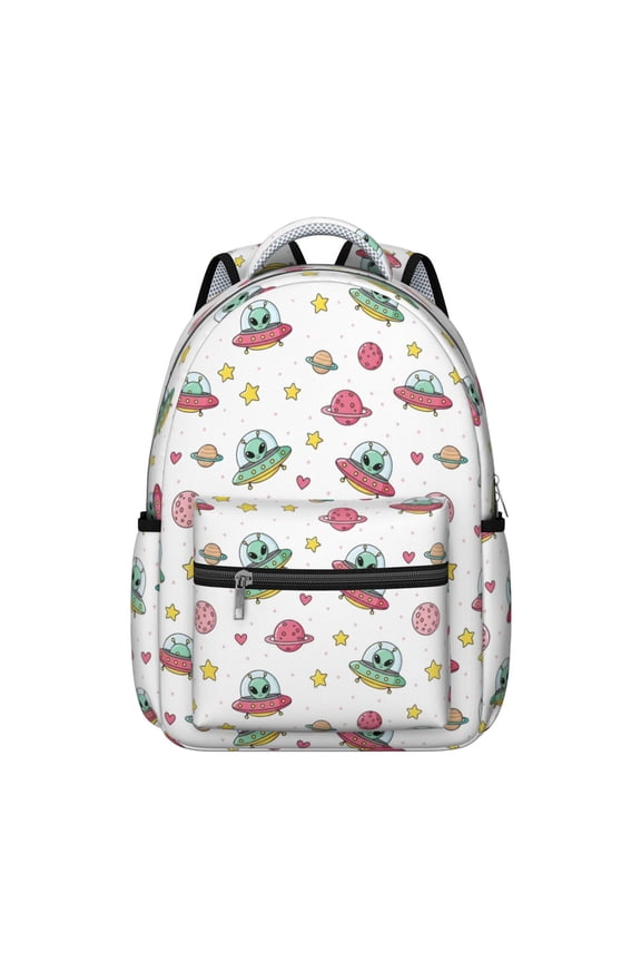 Alien UFO White Pattern Backpack for School, Cute School Bag with Adjustable Shoulder Straps and Padded Back, 15.3"x11"x7.1"