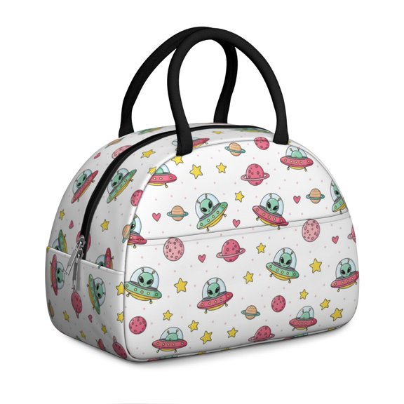 Alien UFO White Pattern Insulated Lunch Bag,Leakproof Large Capacity Lunch Box for Work,Picnic or Travel,11.4 X 6.7 X 8.3 Inches