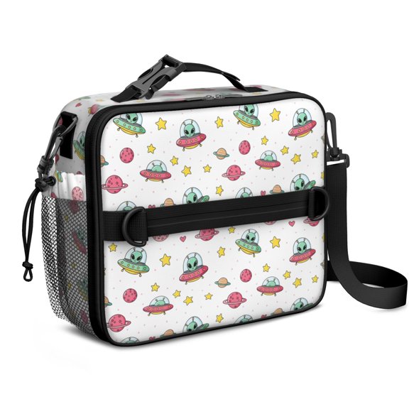 Alien UFO White Pattern Insulated Lunch Bag with Shoulder Strap and Bottle Holder,Bento School Lunch Bag Box,11x9.5x3.5 Inches