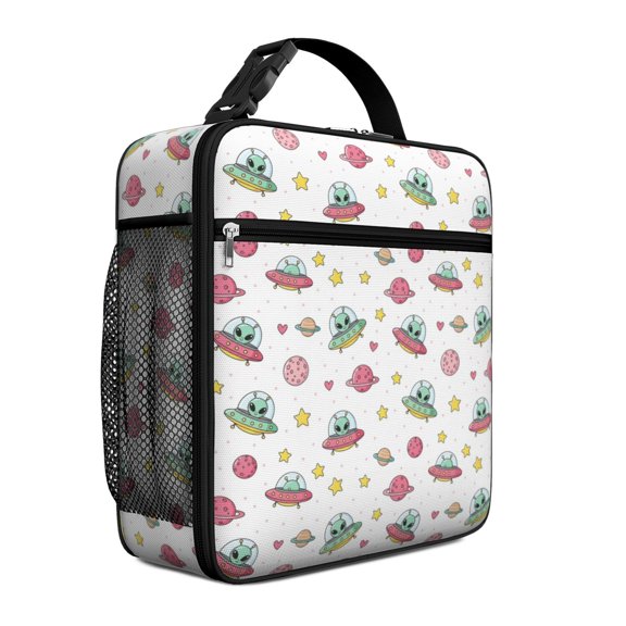 Alien UFO White Pattern Mini Insulated Lunch Bag, Work Lunch Cooler with Side Mesh Pocket & Adjustable Handle, Thermal Insulation Gifts for Beach Sports Picnic