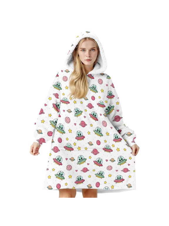 Alien UFO White Pattern Oversized Sherpa Fleece Wearable Blanket Hoodie, Double-Sided Warm Fuzzy Pullover with Super Pockets for Women & Men