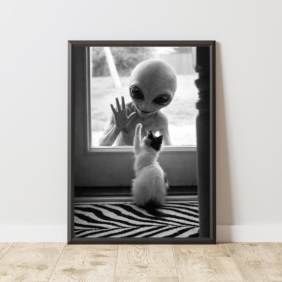 Alien Ufo Cat And Alien Black And White Surreal Sci Fi Poster Unframed Paper Print