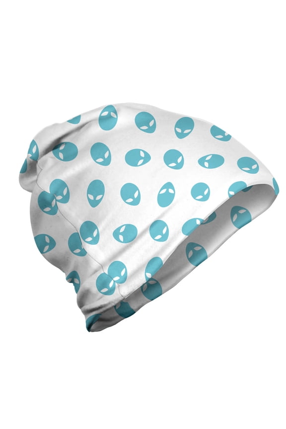 Alien Unisex Beanie, Space Visitors Portrait, Hiking Outdoors, Blue White, by Ambesonne