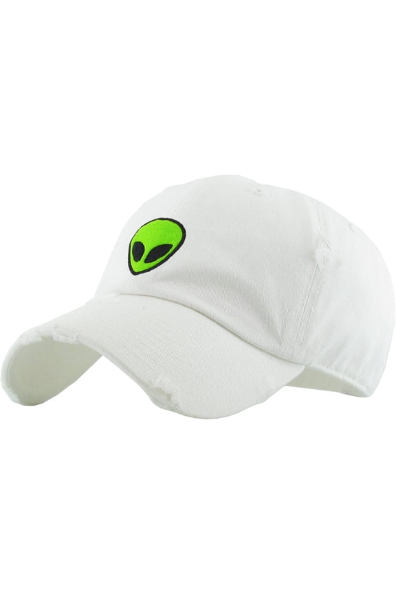 Alien White Vintage Distressed Dad Hat Adjustable Baseball Cap NASA Galaxy Spaceship UFO Face ET E.T. Saucer