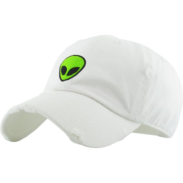 Alien White Vintage Distressed Dad Hat Adjustable Baseball Cap NASA Galaxy Spaceship UFO Face ET E.T. Saucer