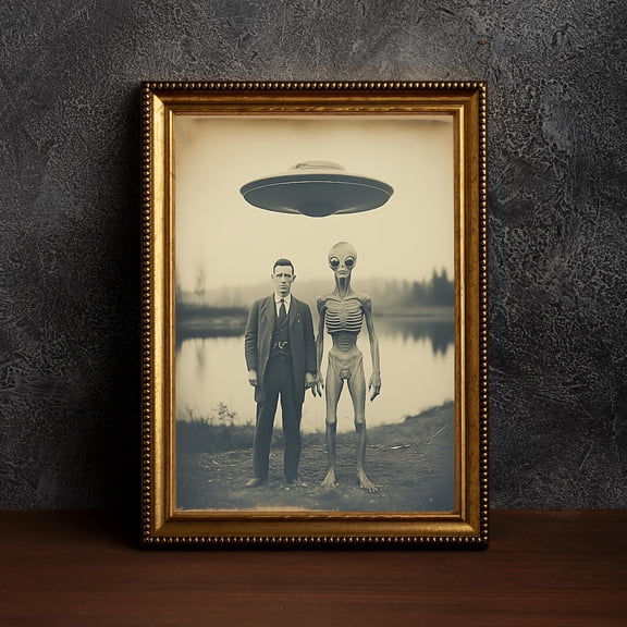 Alien With Scientist, Alien Desert Posters,Alien Vintage,Old Western Art,Southwest Alien Art,Vintage Alien,Moody Cute Alien Posters, 8x12 UNFRAMED