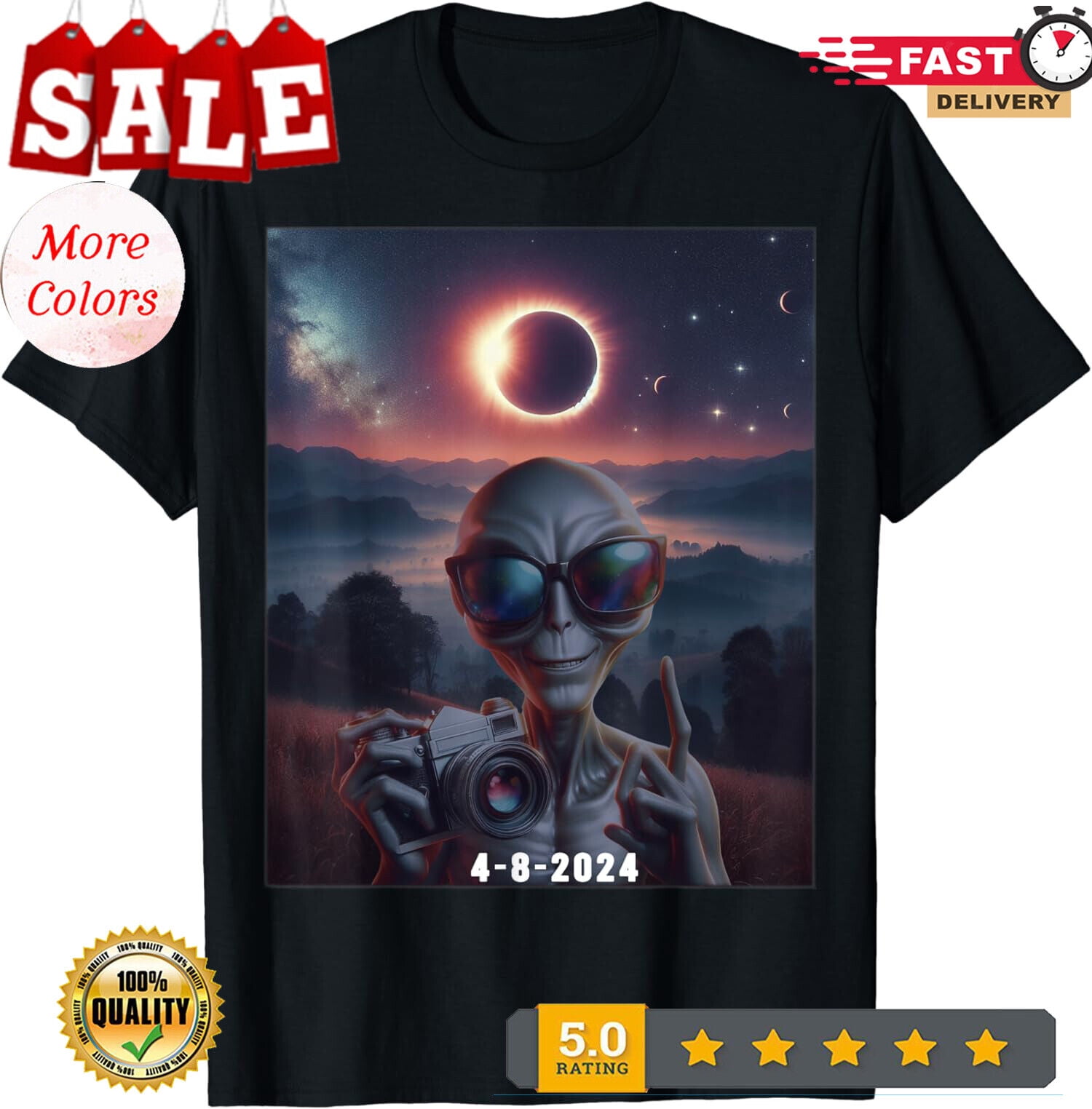 Alien With Solar 2024 Eclipse Alien Wearing Glasses Unisex TShirt