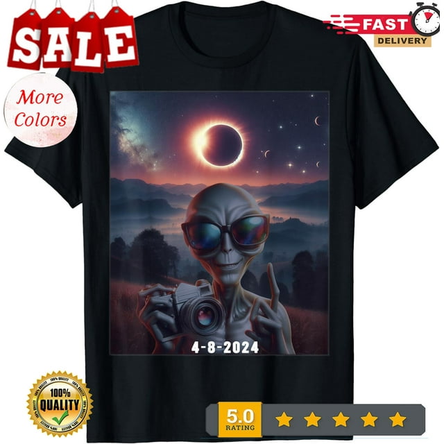 Alien With Solar 2024 Eclipse Alien Wearing Glasses Unisex TShirt