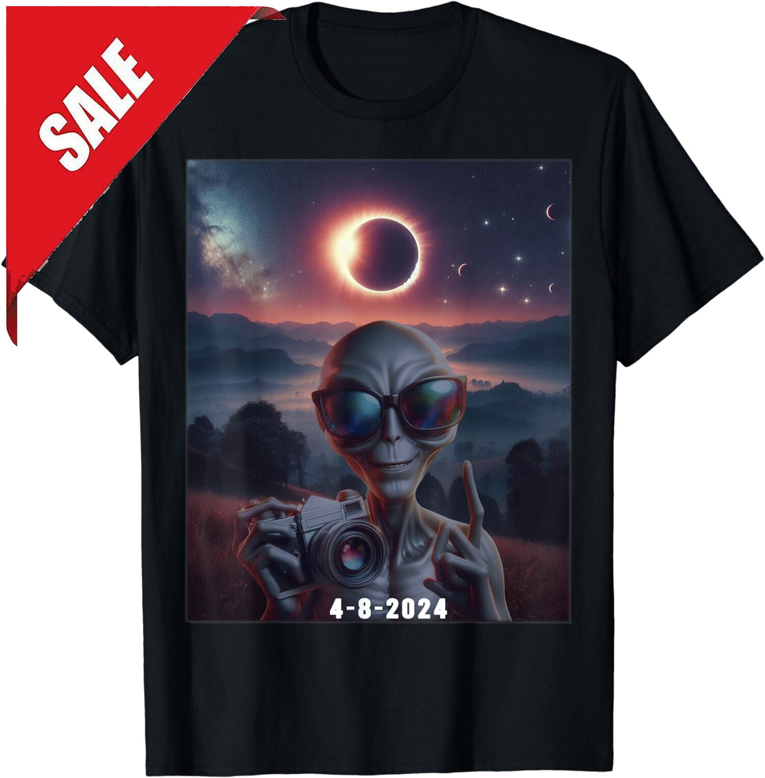 Alien With Solar 2024 Eclipse Alien Wearing Glasses Unisex TShirt