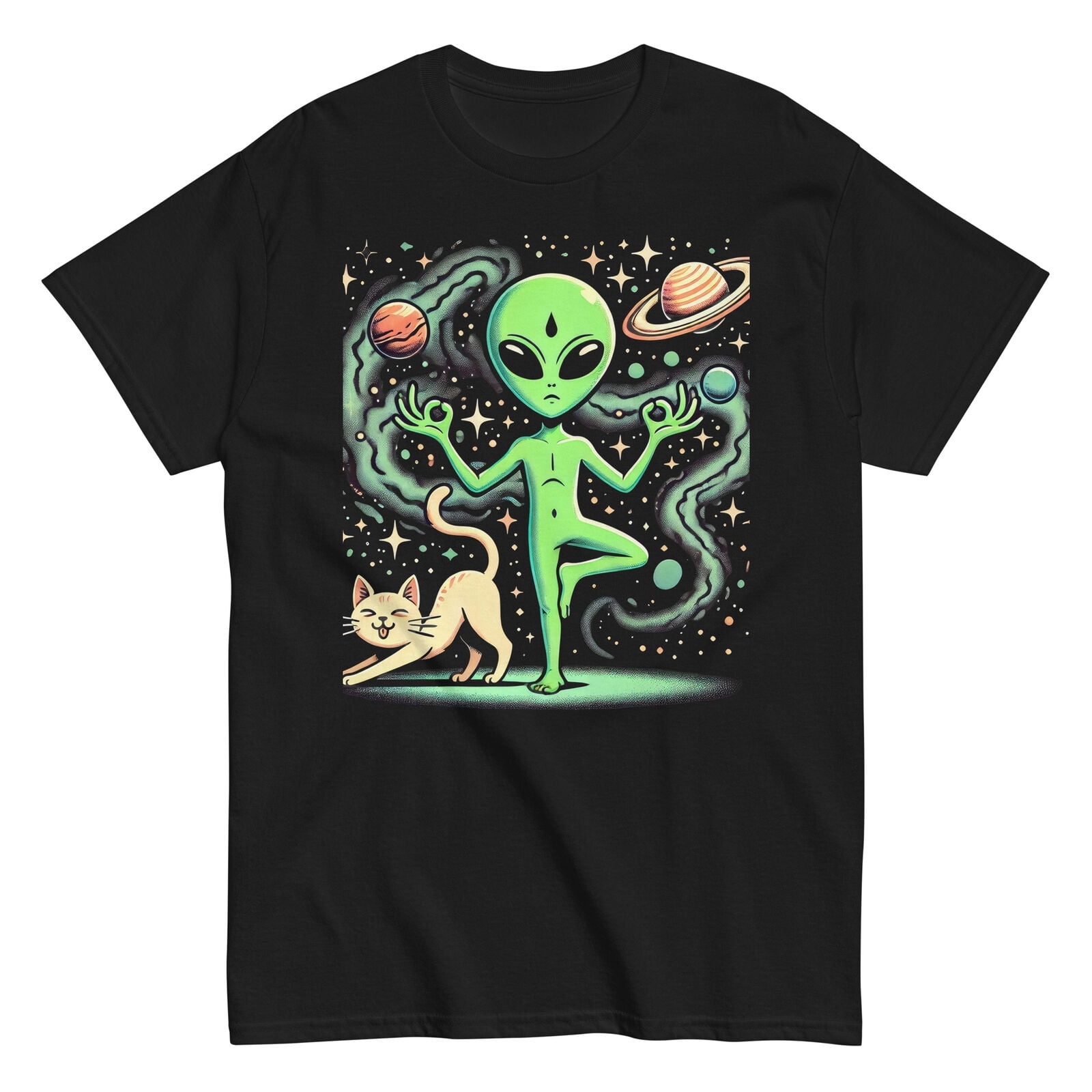 Alien Yoga Pose With Playful Cat | Funny Space Art | Yoga Lover Design ...