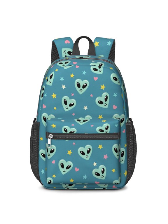 Alien and Heart Pale Blue Pattern 17" School Backpacks for Teens,Waterproof Oxford Fabric,S-Shape Padded Straps for School,Travel,Hiking,Camping