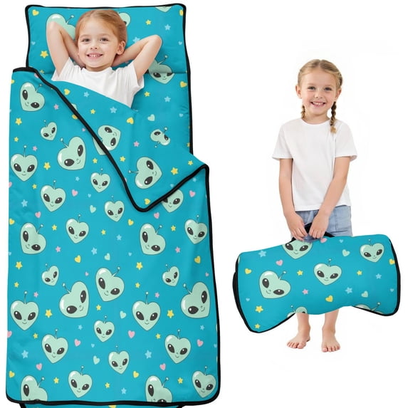 Alien and Heart Pale Blue Pattern Teens Toddler Nap Mat with Pillow, Sleeping Mat Bag for Preschool Daycare 51"x22"