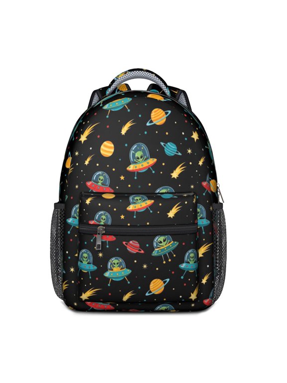 Alien and Meteor Black Pattern Backpack for School, Cute School Bag with Adjustable Shoulder Straps and Padded Back, 15.3"x11"x6.7"