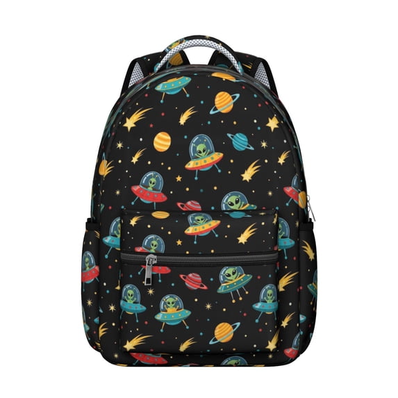 Alien and Meteor Black Pattern Backpack for School, Cute School Bag with Adjustable Shoulder Straps and Padded Back, 15.3"x11"x7.1"