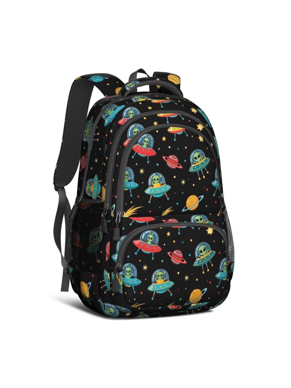Alien and Meteor Black Pattern Backpack for School, Cute School Bag with Adjustable Shoulder Straps and Padded Back, 16.9"x12.6"x5.9"