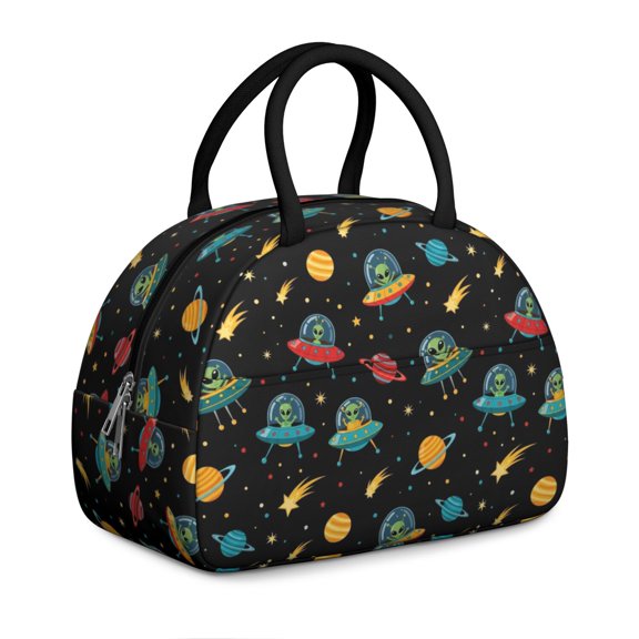 Alien and Meteor Black Pattern Insulated Lunch Bag,Leakproof Large Capacity Lunch Box for Work,Picnic or Travel,11.4 X 6.7 X 8.3 Inches