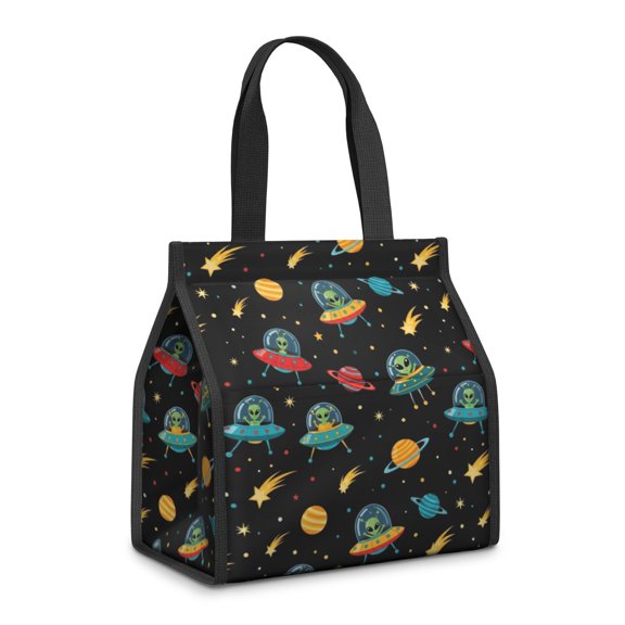 Alien and Meteor Black Pattern Insulated Lunch Bag for Women/Men,Minimalist Lunch Bag,Canvas with Velcro Closure,Built-in Pocket,11x10x6 Inches,8.66L