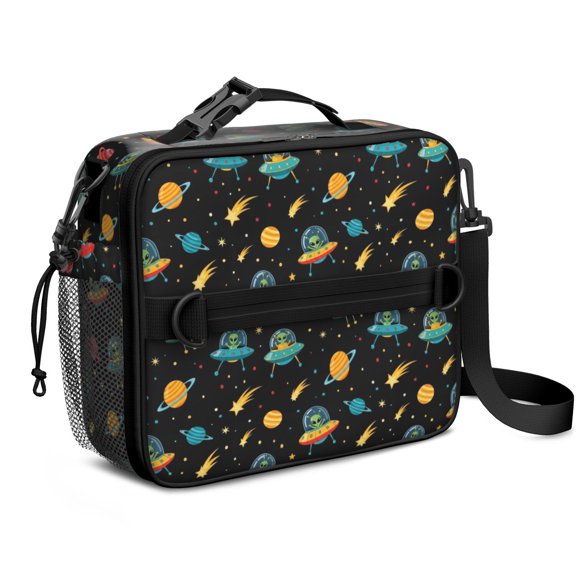 Alien and Meteor Black Pattern Insulated Lunch Bag with Shoulder Strap and Bottle Holder,Bento School Lunch Bag Box,11x9.5x3.5 Inches