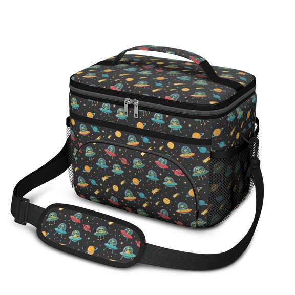 Alien and Meteor Black Pattern Insulated Lunch Box for Women Men, Medium Leakproof Cooler Bag with Adjustable Strap, 10"x6.7"x8"