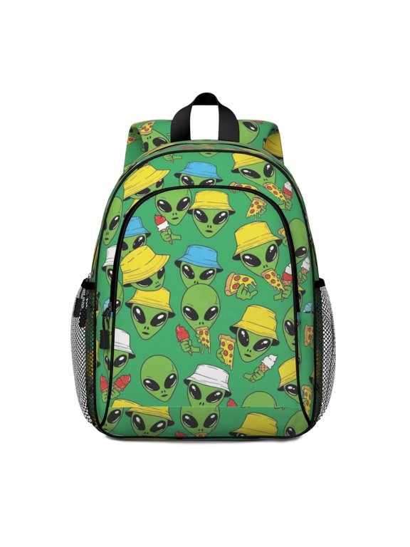 Alien and Pizza Bright Green Pattern Backpack for School, Cute School Bag with Adjustable Shoulder Straps and Padded Back, 15"x11.42"x5.5"