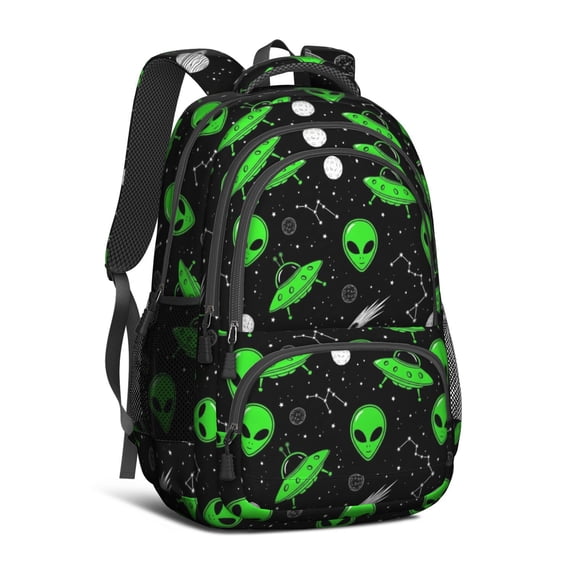 Alien and Planet Black Pattern Backpack for School, Cute School Bag with Adjustable Shoulder Straps and Padded Back, 16.9"x12.6"x5.9"