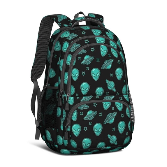Alien and Planet Black Pattern Backpack for School, Cute School Bag with Adjustable Shoulder Straps and Padded Back, 16.9"x12.6"x5.9"