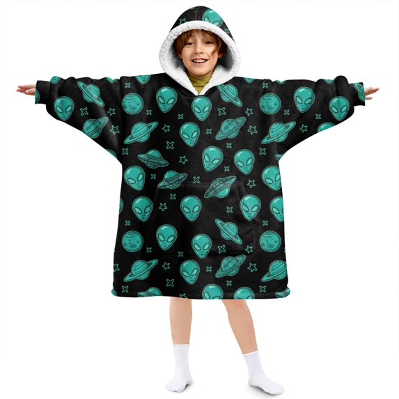 Alien and Planet Black Pattern Lamb Fleece Blanket Hoodies for Teens ,Teens Oversize Sherpa Wearable Hooded Blanket Sweatshirt with Super Pockets