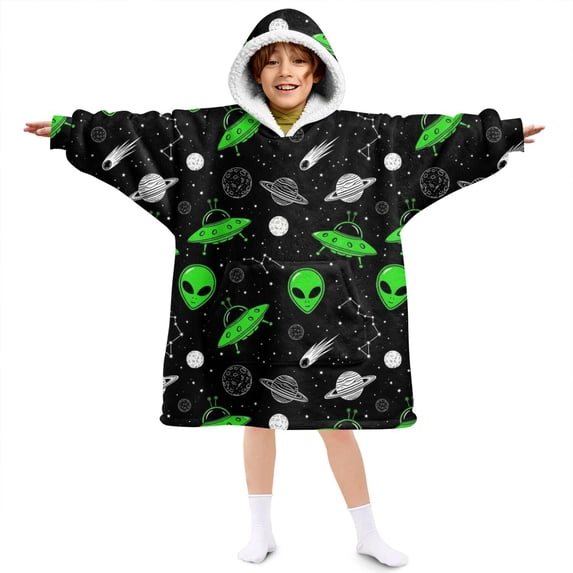 Alien and Planet Black Pattern Lamb Fleece Blanket Hoodies for Teens ,Teens Oversize Sherpa Wearable Hooded Blanket Sweatshirt with Super Pockets