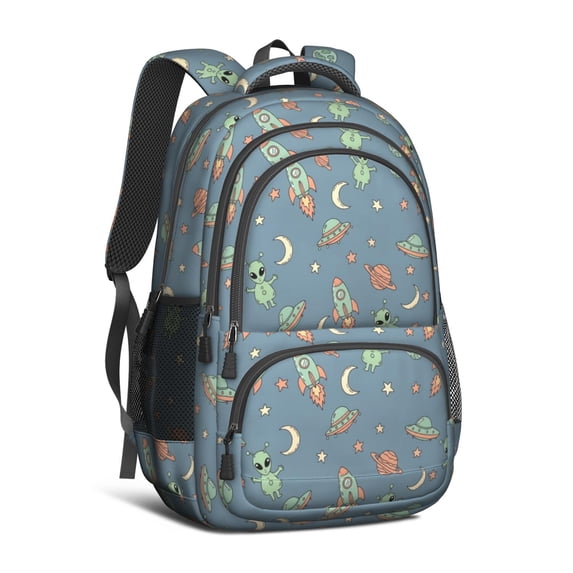 Alien and Rocket Pale Blue Pattern Cute School Backpack Bag with Padded Back and Adjustable Shoulder Straps 16.9 X 12.6 X 5.9 Inches
