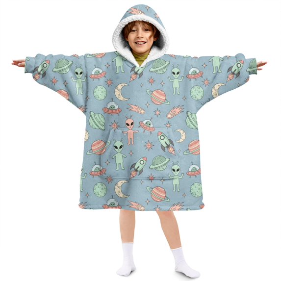 Alien and Rocket Pale Blue Pattern Lamb Fleece Blanket Hoodies for Teens ,Teens Oversize Sherpa Wearable Hooded Blanket Sweatshirt with Super Pockets