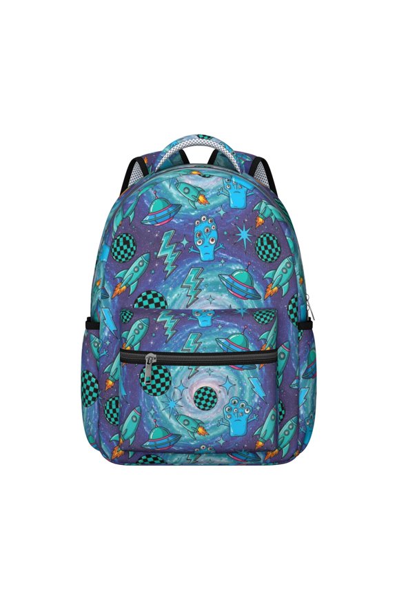 Alien and Rocket Purple Pattern Backpack for School, Cute School Bag with Adjustable Shoulder Straps and Padded Back, 15.3"x11"x7.1"