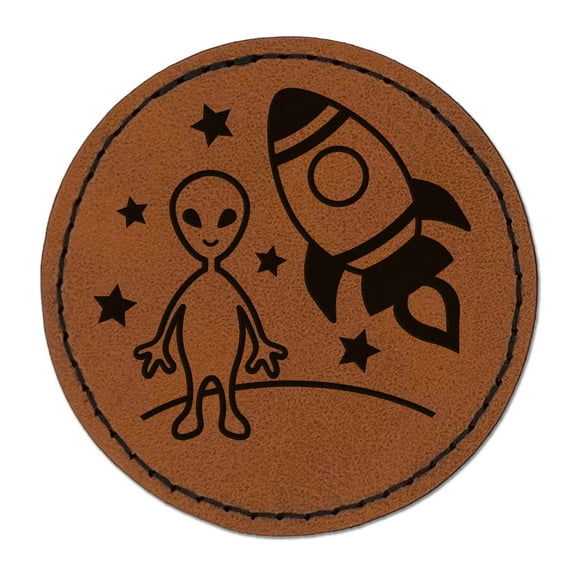 Alien and Rocket Space 2.5" Faux Leather Round Engraved Iron-On Patch - Brown