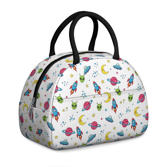 Alien and Rocket White Pattern Insulated Lunch Bag,Leakproof Large Capacity Lunch Box for Work,Picnic or Travel,11.4 X 6.7 X 8.3 Inches