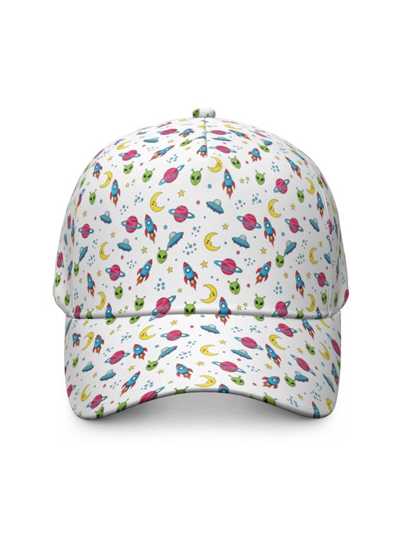 Alien and Rocket White Pattern Print Baseball Cap,Adjustable Snapback,4.7in Crown,2.7in Brim,One Size Fits All