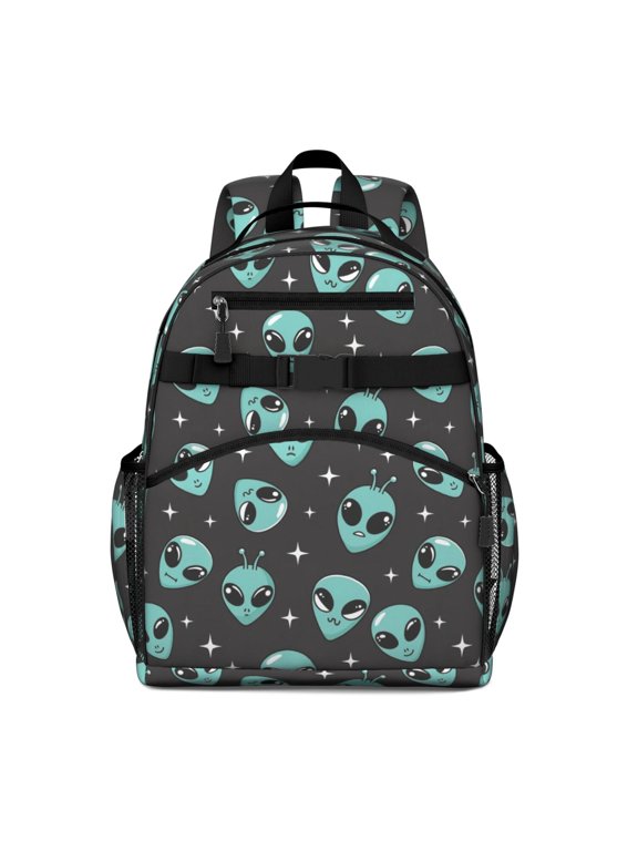 Alien and Star Black Pattern Backpack for School, Cute School Bag with Adjustable Shoulder Straps and Padded Back, 15.25"x11.5"x5.25"