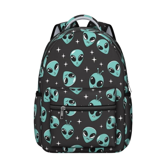 Alien and Star Black Pattern Backpack for School, Cute School Bag with Adjustable Shoulder Straps and Padded Back, 15.3"x11"x7.1"