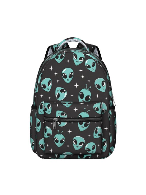 Alien and Star Black Pattern Backpack for School, Cute School Bag with Adjustable Shoulder Straps and Padded Back, 15.3"x11"x7.1"