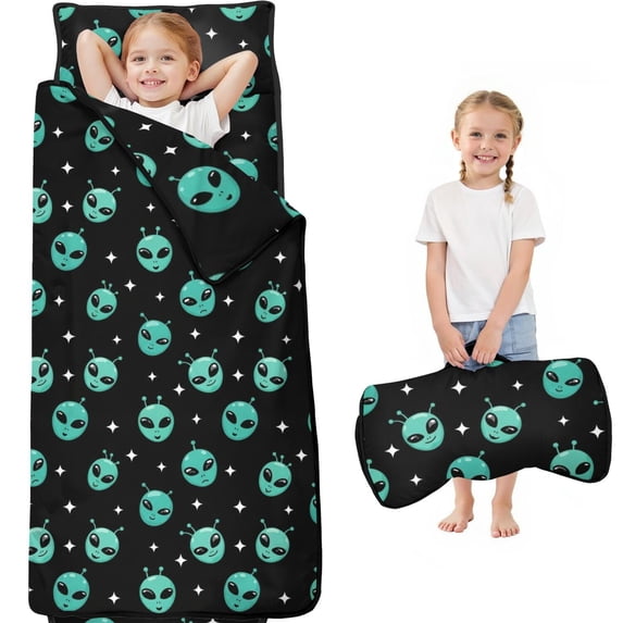 Alien and Star Black Pattern Teens Toddler Nap Mat with Pillow, Sleeping Mat Bag for Preschool Daycare 60"x20"