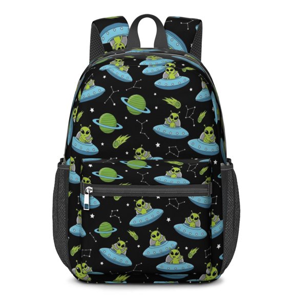 Alien and UFO Black Pattern 17" School Backpacks for Teens,Waterproof Oxford Fabric,S-Shape Padded Straps for School,Travel,Hiking,Camping